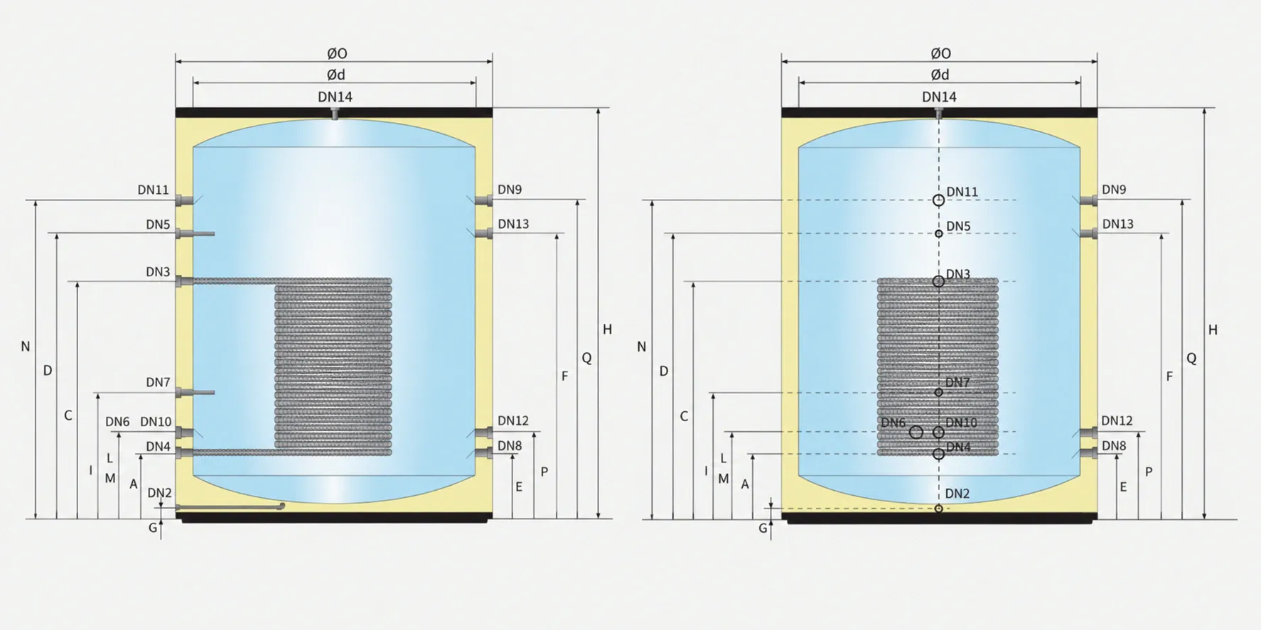 1500 litre hot water cylinders for heat pumps showing front and side dimension drawings, tapping locations, connection points and internal heat exchanger coil position