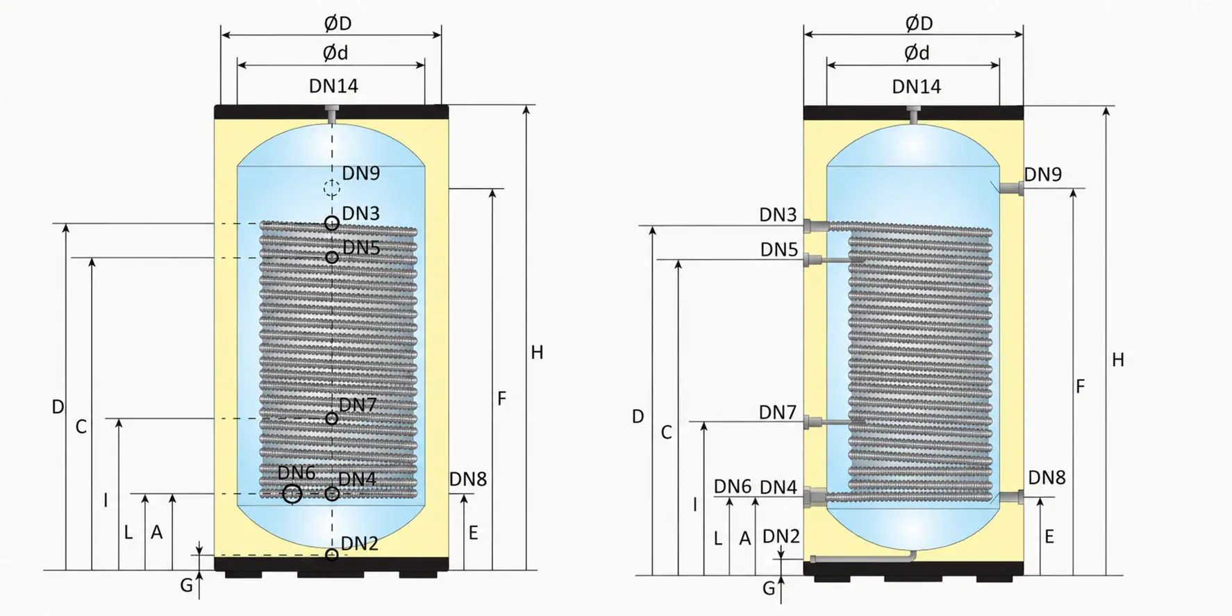 200 litre hot water cylinders for heat pumps showing front and side dimension drawings, tapping locations, connection points and internal heat exchanger coil position.