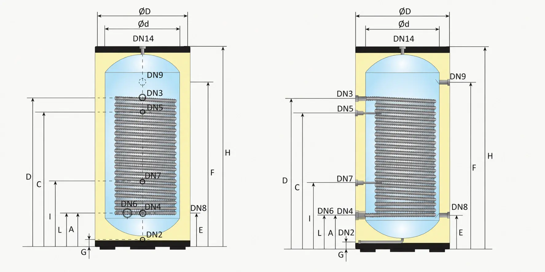 300 litre hot water cylinders for heat pumps showing front and side dimension drawings, tapping locations, connection points and internal heat exchanger coil position.