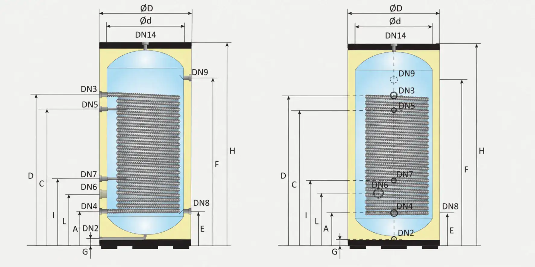 400 litre hot water cylinders for heat pumps showing front and side dimension drawings, tapping locations, connection points and internal heat exchanger coil position.