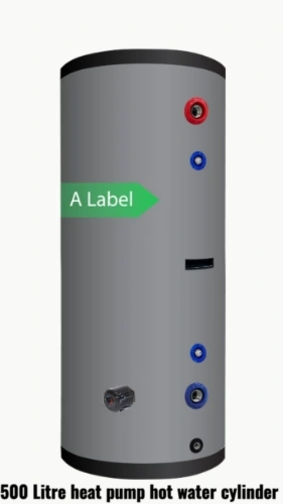 500 litre heat pump hot water cylinder with an ErP “A” insulation level, floor-mounted indirect DHW cylinder with a large surface area heat exchanger coil for air source or ground source heat pump systems
