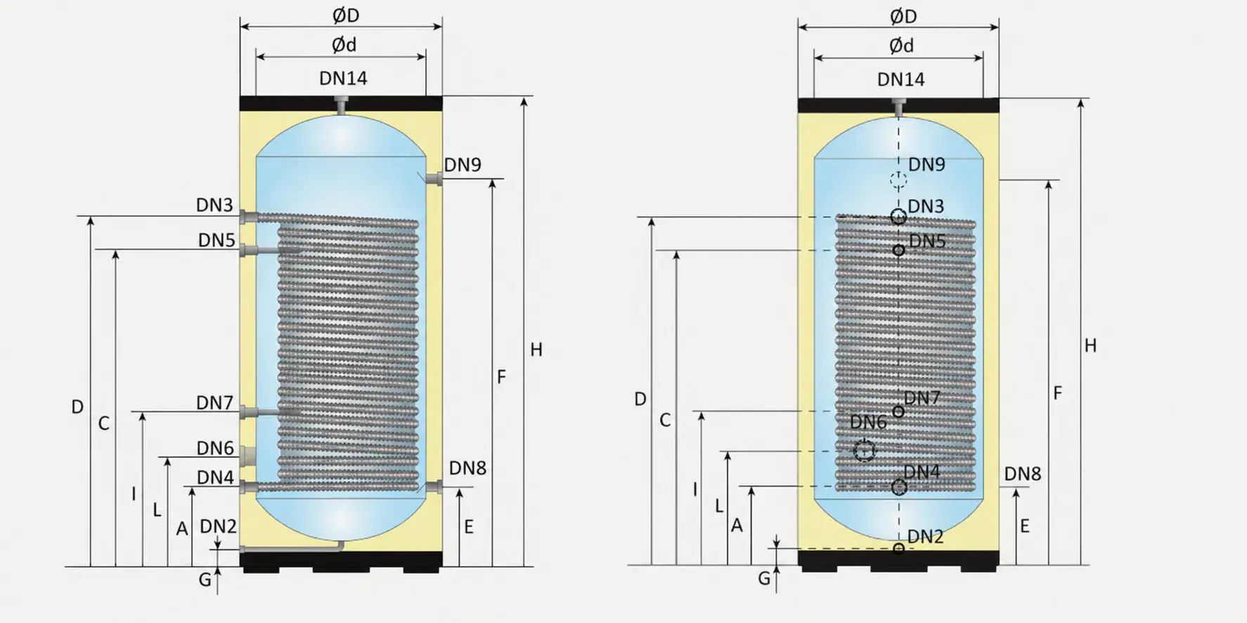 500 litre hot water cylinders for heat pumps showing front and side dimension drawings, tapping locations, connection points and internal heat exchanger coil position.
