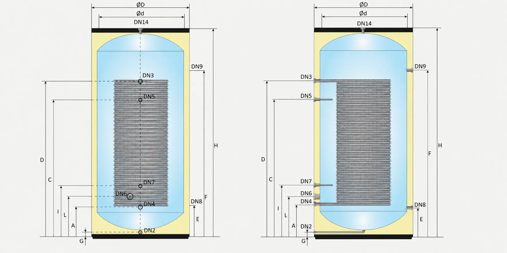 800 litre hot water cylinders for heat pumps showing front and side dimension drawings, tapping locations, connection points and internal heat exchanger coil position.