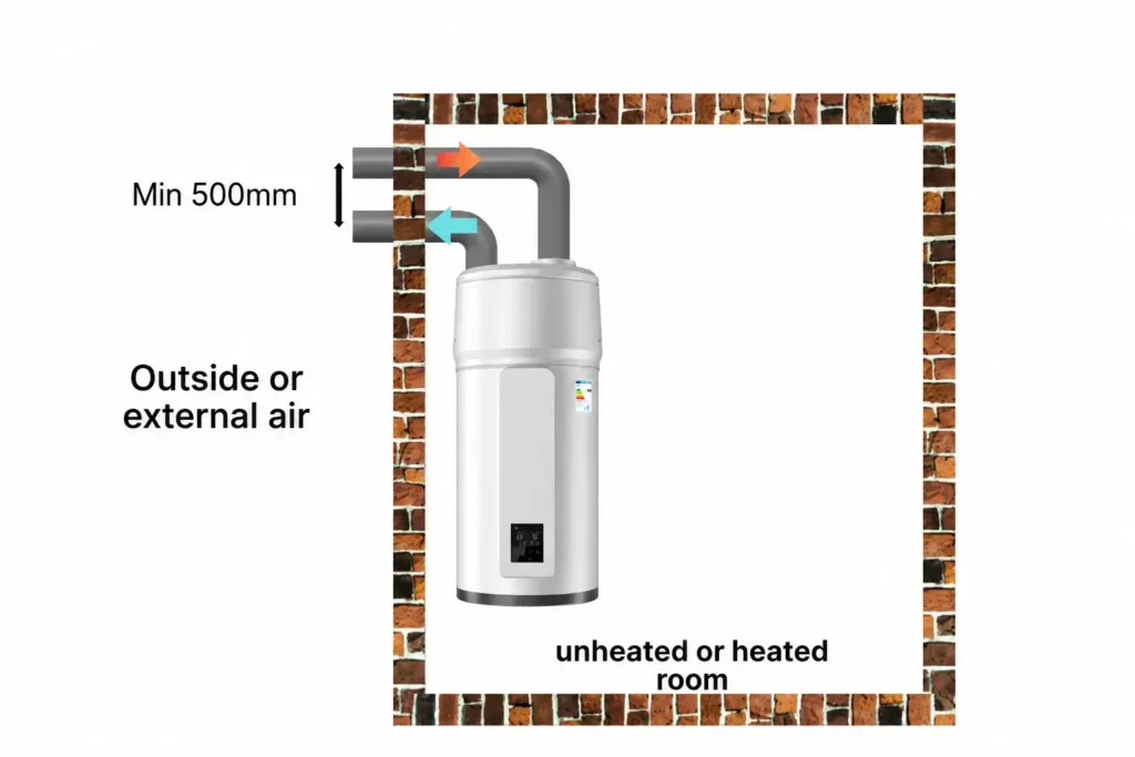 A diagram showing the intake air, i.e., the outdoor air being ducted into the ASHP water heater and the exhaust air being ducted into the outdoor air. This twin air duct installation is the most common setup for air duct configuration that is used
