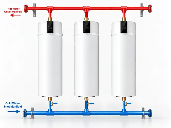A schematic showing air source heat pump water heaters installed in a parallel configuration. For correct hydraulic balance, you would normally use either reverse-return pipework or correctly sized manifolds and balancing valves. Isolation valves and non-return valves should also be considered so individual units can be serviced without taking the entire DHW system offline.