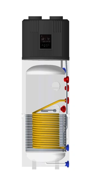 The image shows a cutaway view of an integrated air source heat pump water heater with the outer casing partially removed so the internal components can be seen. The refrigerant coil (condenser coil) is wrapped around the outside of the water cylinder rather than being immersed directly in the stored water. Its purpose is to transfer heat from the heat pump's refrigerant into the water through the wall of the cylinder. Internal within the water cylinder is an additional heating coil that can be powered by a gas or oil boiler or even a solar thermal system. This coil is shown as the gold-coloured coil in the drawing.