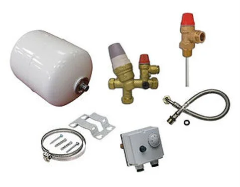 Potable water unvented kit which needs to be supplied to make an unvented hot water cylinder. The kit includes an expansion vessel, a dual thermostat for temperature control and high limit cutoff, a pressure and temperature relief valve and a water inlet group valve.