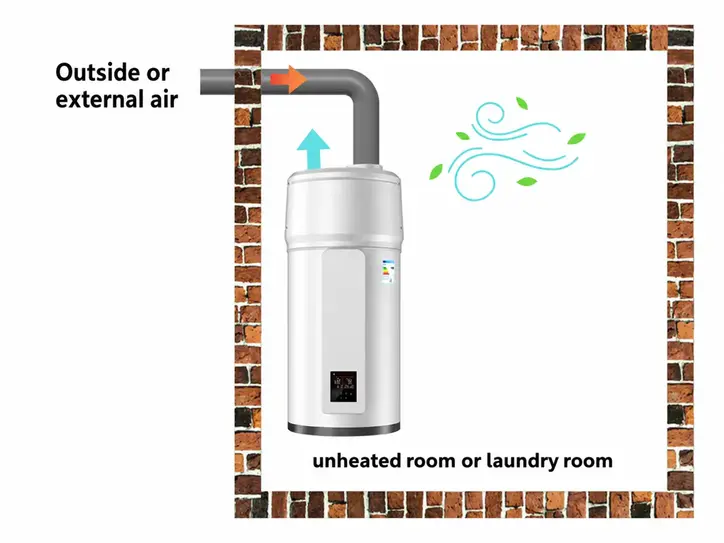 The exhaust air from a heat pump water heater (HPWH) is cool and dry, which provides a built-in dehumidification and cooling effect ideal for a laundry room or wine cellars.
