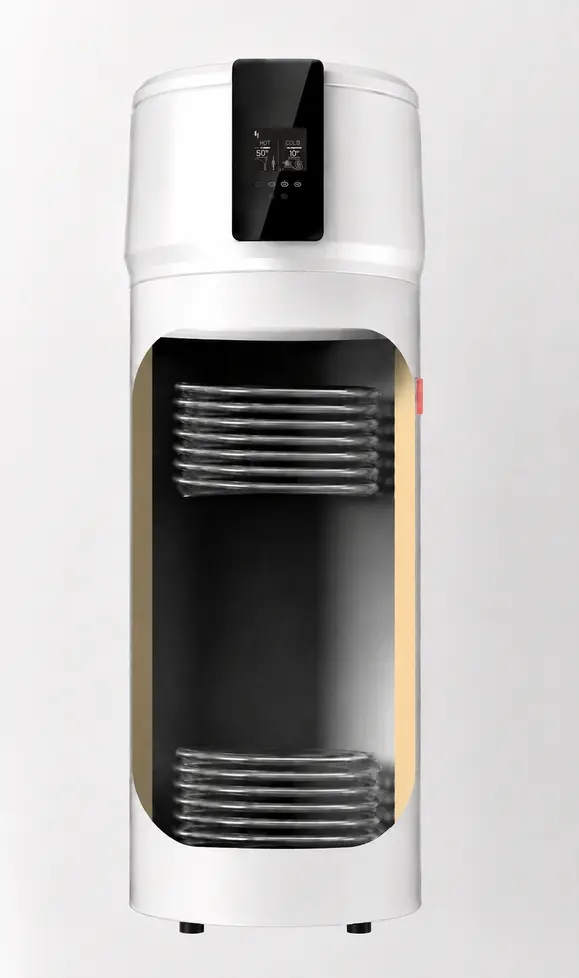 A cutaway picture to showing the twin heating coils option in our heat pump water heaters; these can be powered by a gas or oil boiler and a solar thermal system for example