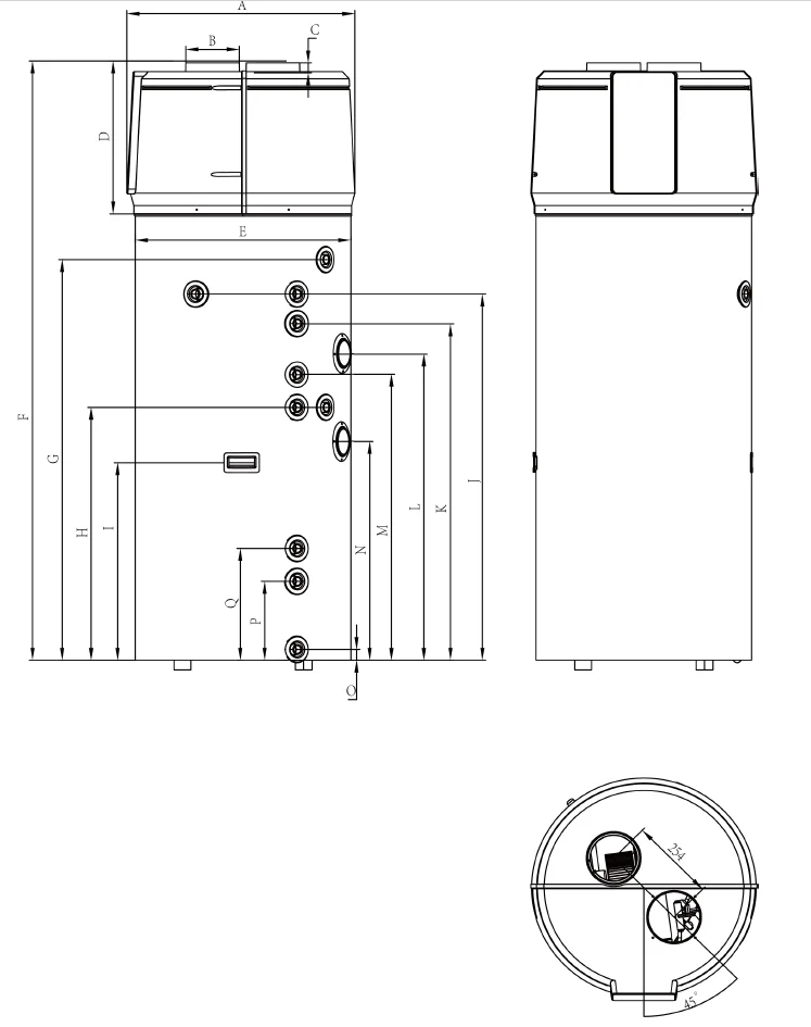 dimension drawing for 200 and 300 litre ASHP domestic hot water heaters