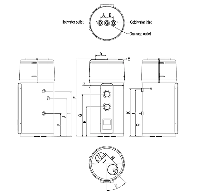 Dimension drawing of our wall hung ASHP domestic hot water heater 100 litres in volume duplex stainless steel tank