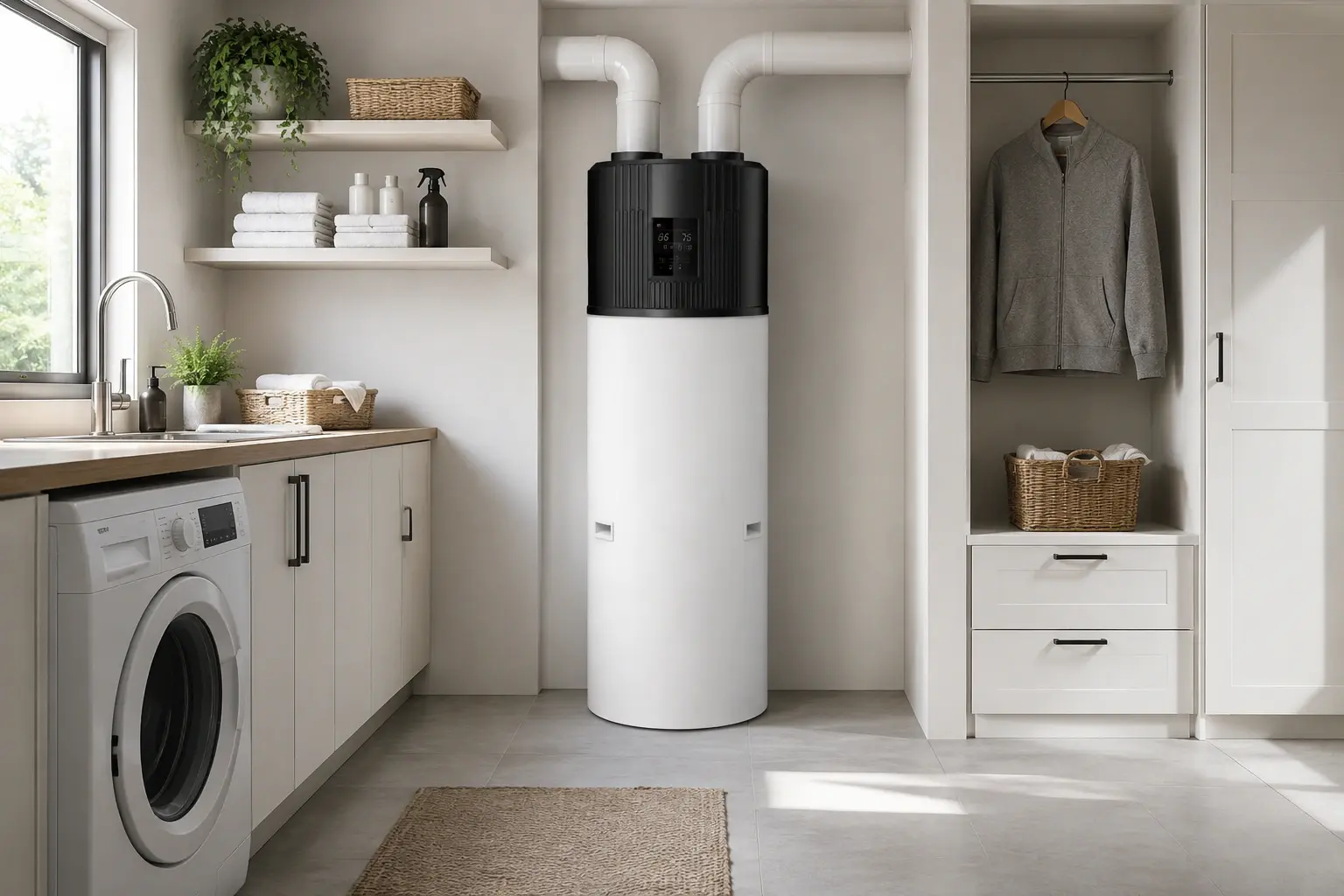 Air source heat pump domestic hot water heaters, that are a hot water cylinder with integrated air source heat pump. Using R290 natural refrigerant, which has a low Global Warming Potential (GWP) of just 3, making it vastly more climate-friendly than older synthetics like R32 (GWP of 675) or R410a (GWP of 2088), and an Ozone Depletion Potential (ODP) of 0, meaning it does not harm the ozone layer. These heat pump water heaters can produce domestic hot water up to 65°C with the air source heat pump alone and up to 75°C when using the immersion heater. We have a full range of domestic and commercial domestic hot water heat pumps to cover all water heating applications.